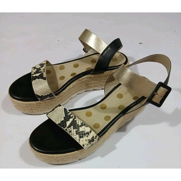 Boden Lena Sandal Size 40 8.5 Black Gold Espadrille Platform Ankle Strap - Picture 1 of 12